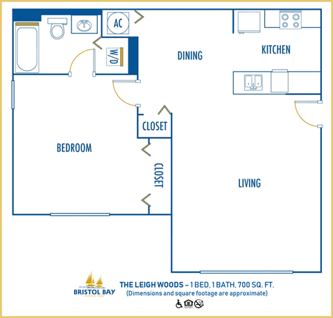 Floor plan for 1 bed, 1 bath, 700 sqft